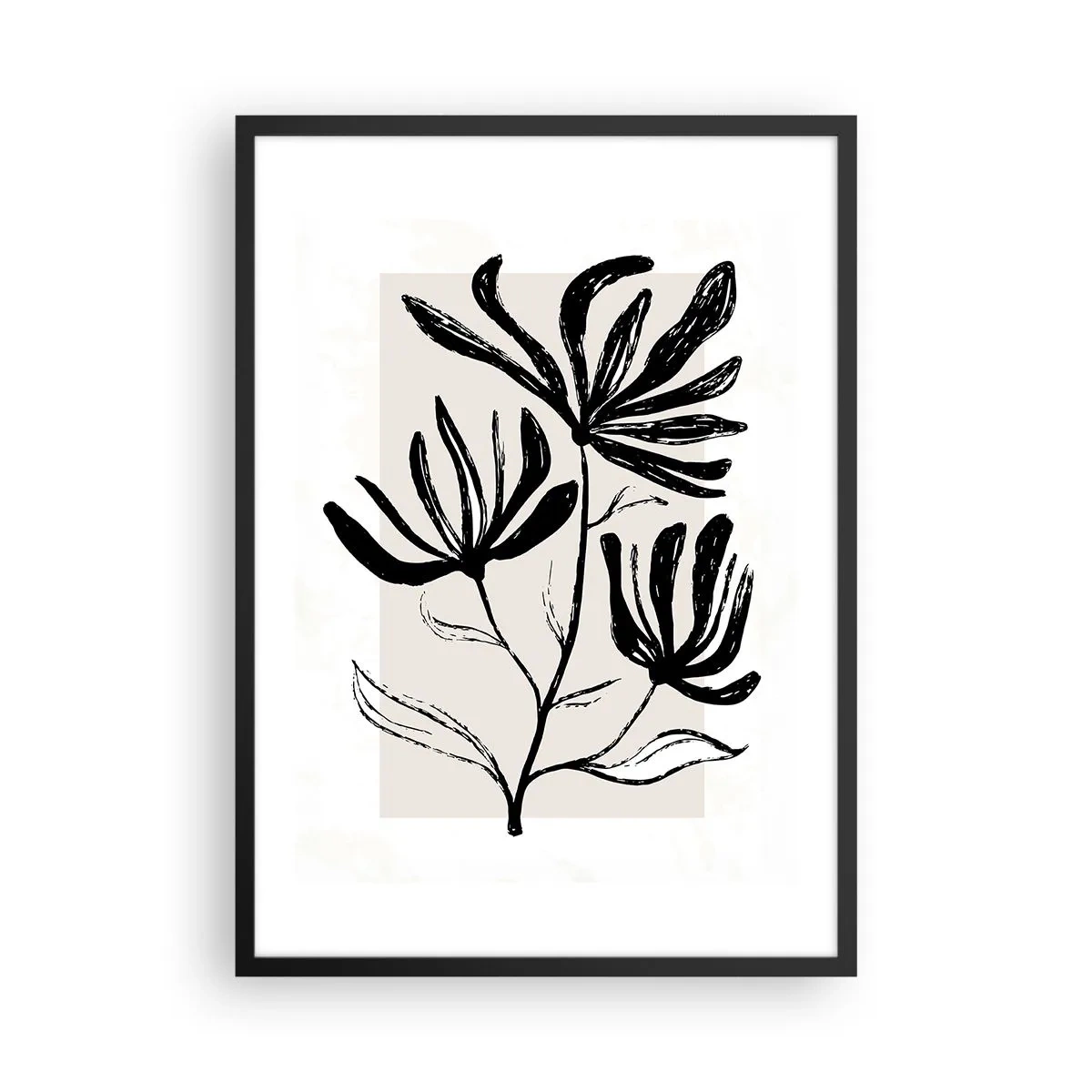 Poster in black frame - Black and white illustration of flowers on a beige background - 50x70cm - Sketch for a Herbarium - Modern wall decoration for the living room and bedroom ARTTOR