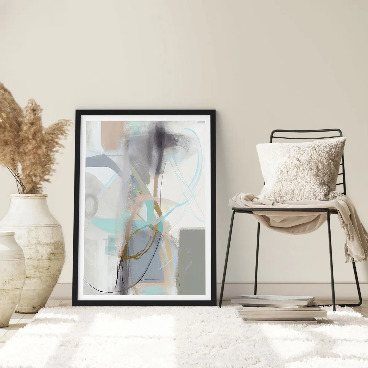 Poster in black frame - Subtle abstraction in shades of gray and blue - 50x70cm - Foggy Abstract - Modern wall decoration for the living room and bedroom ARTTOR