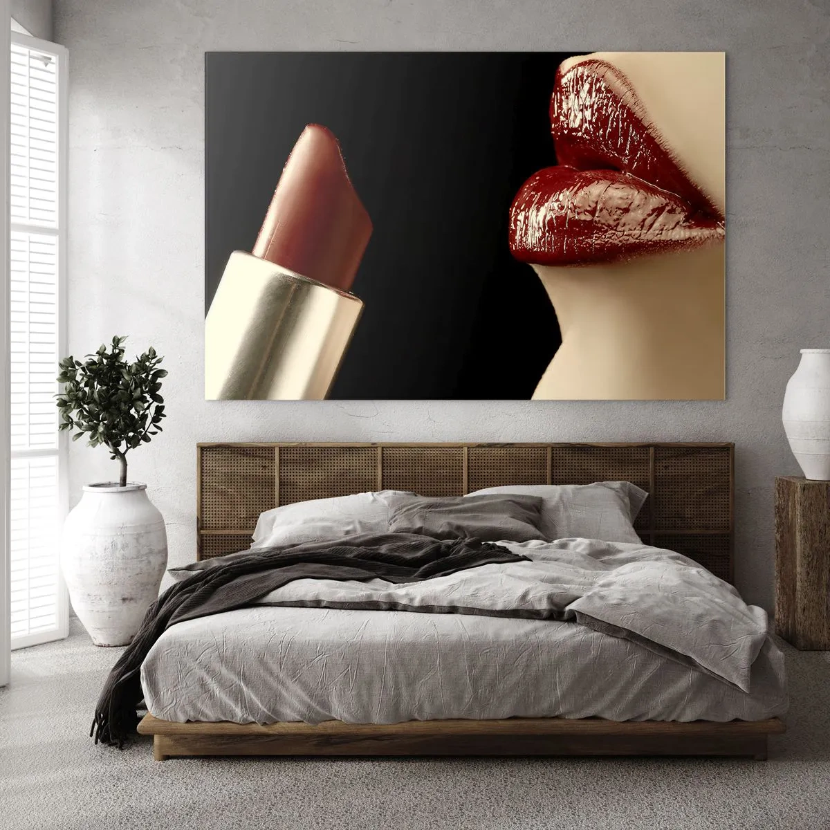 Glass picture - Sensual lips with crimson lipstick on a dark background - 70x50cm - Sensuality and Glow of Carmine - Modern wall decoration for the living room and bedroom ARTTOR