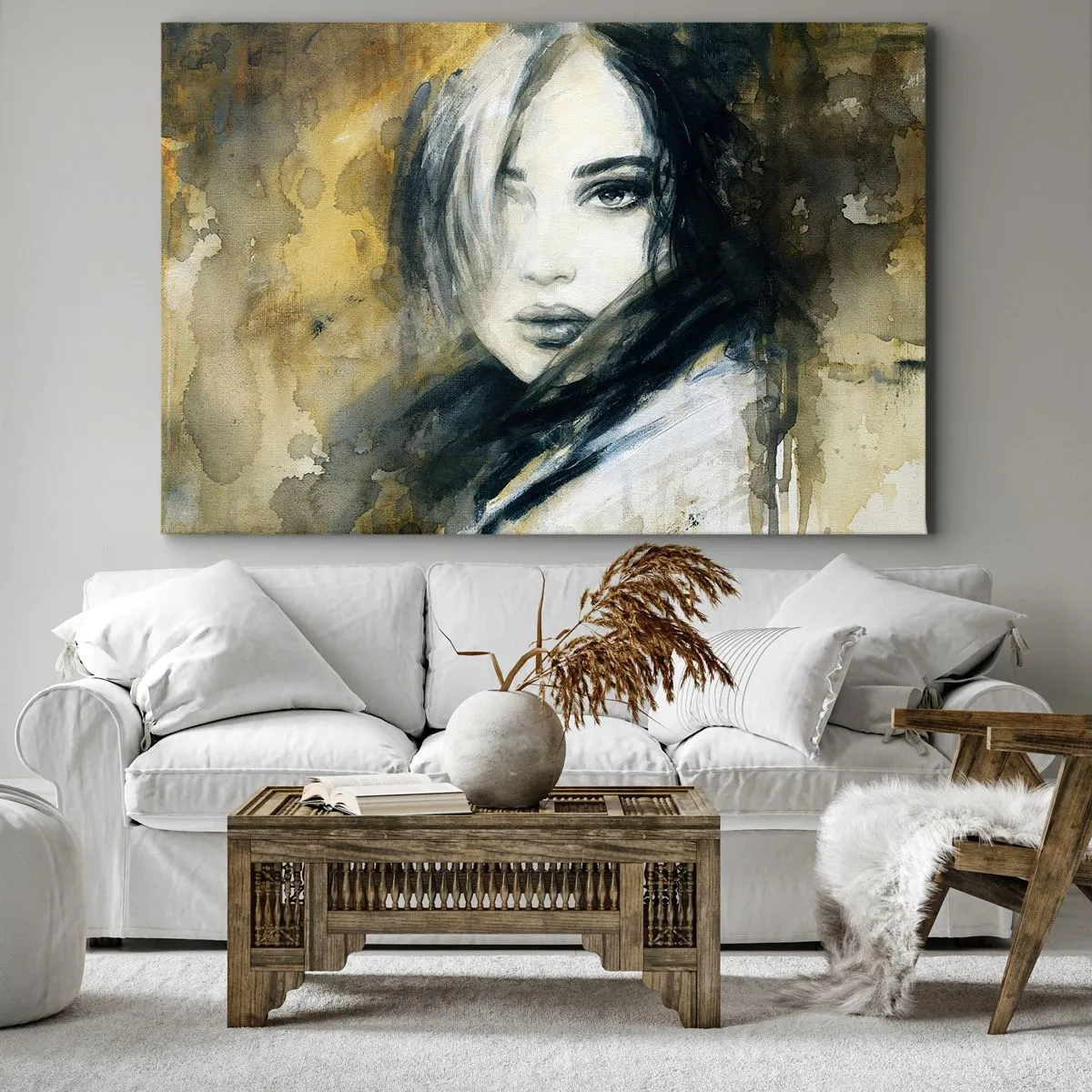 Canvas picture - Portrait of a woman against a background of abstract spots in shades of beige - 70x50cm - More Innocent or Sensual? - Modern wall decoration for the living room and bedroom ARTTOR