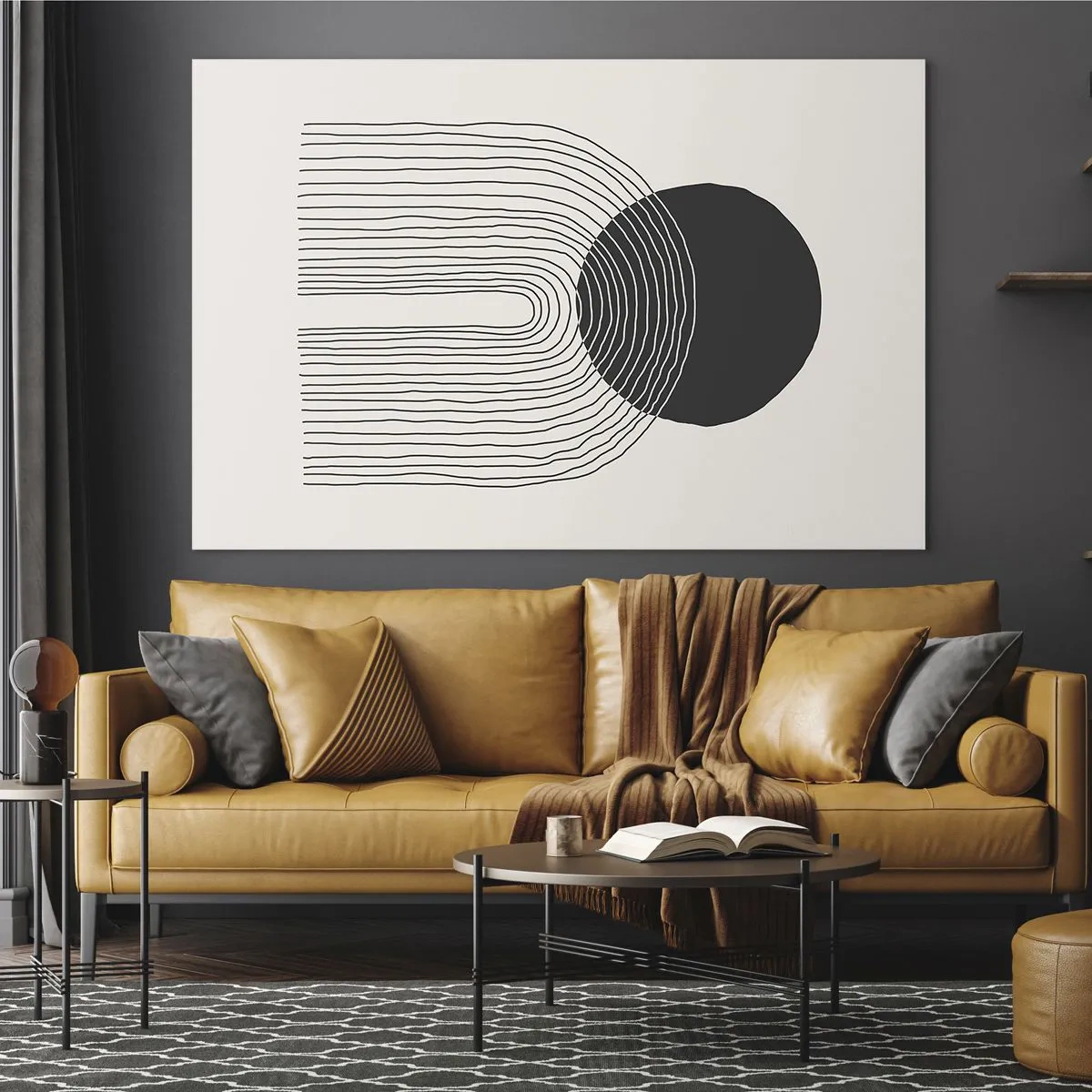 Glass picture - Minimalist graphic with black circle and lines - 70x50cm - Trembling and Certainty - Modern wall decoration for the living room and bedroom ARTTOR