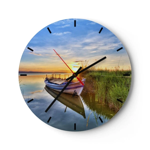 Wall clock - Clock on glass - A boat on the lake at sunset - 30x30cm - Bay of Fulfilled Dreams - Modern wall decoration for the living room, kitchen, and bedroom ARTTOR