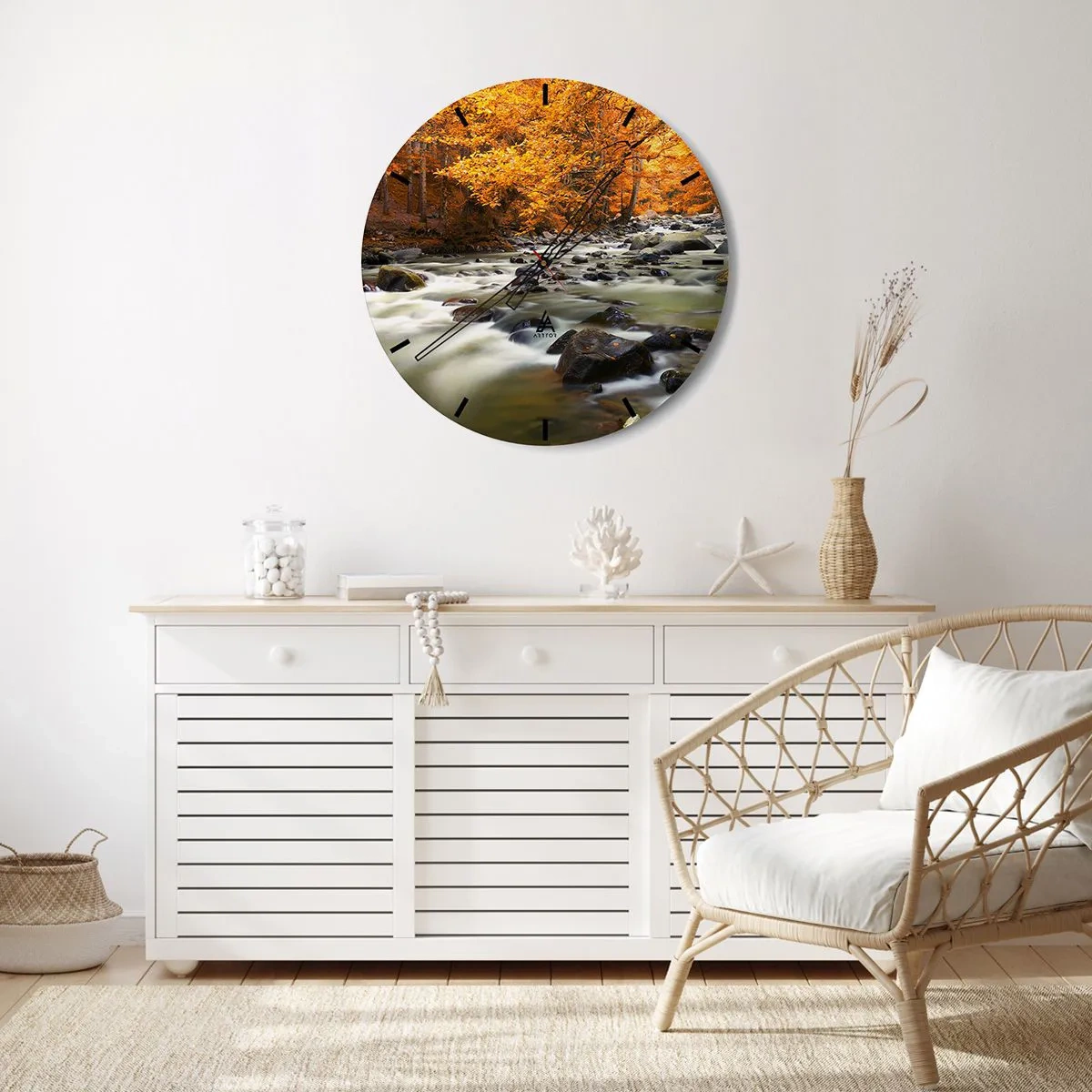 Wall clock - Clock on glass - Autumn landscape with a river and golden leaves - 30x30cm - Brook in a Golden Forest - Modern wall decoration for the living room, kitchen, and bedroom ARTTOR