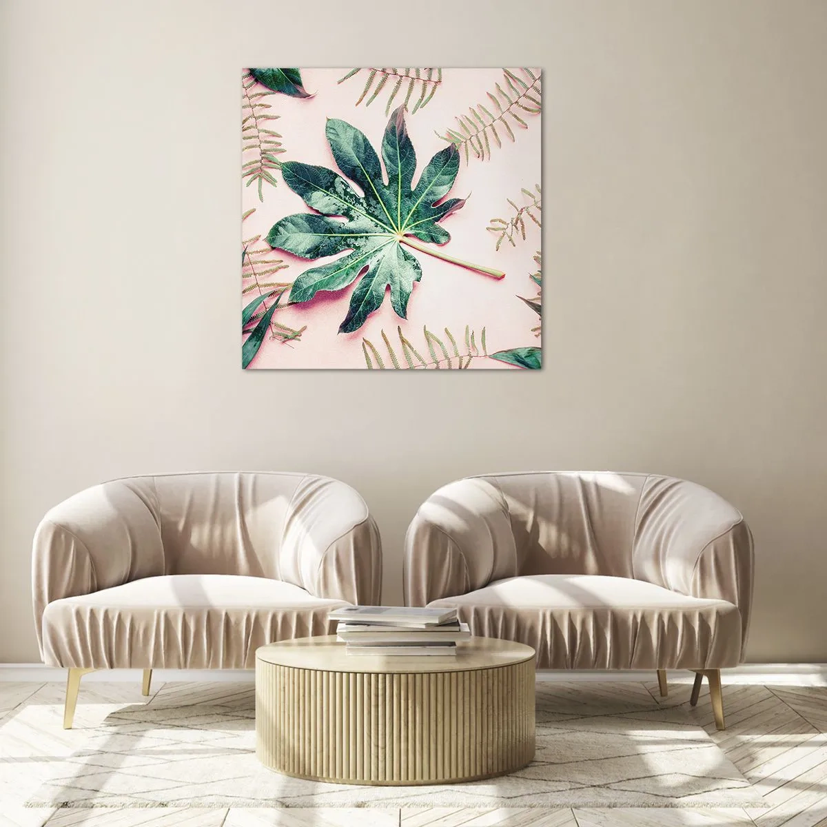 Glass picture - Study in Green on Pink Background - 60x60 cm