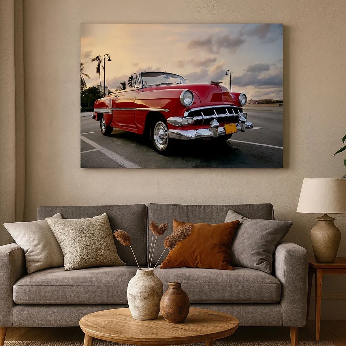 Canvas picture - A red classic convertible parked by palm trees at dusk. - 70x50cm - Red Heat of the Tropics - Modern wall decoration for the living room and bedroom ARTTOR