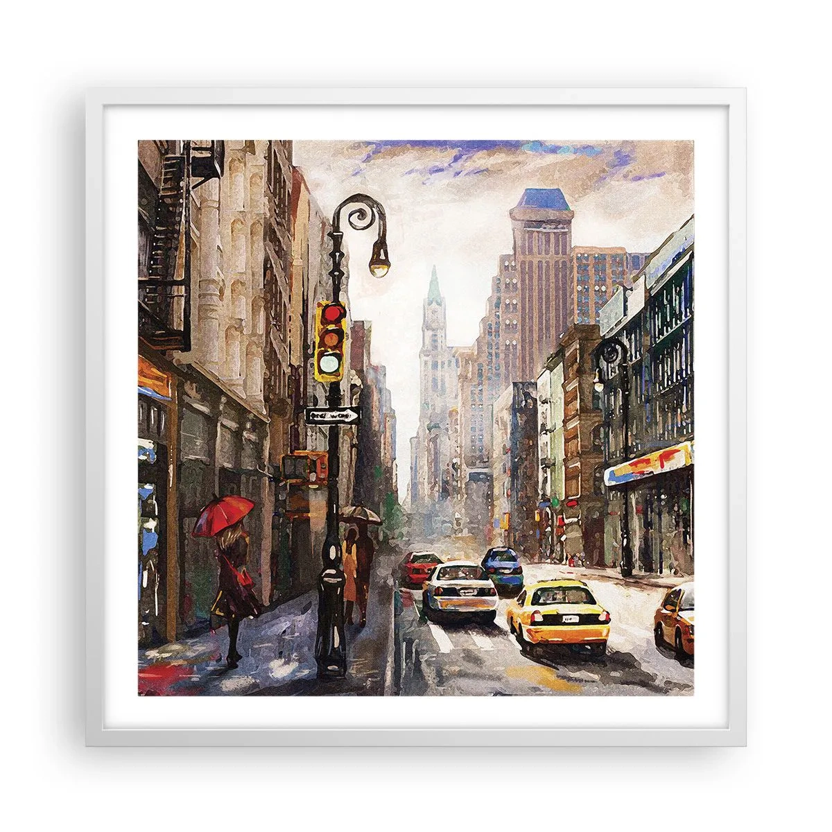 Poster in white frmae - New York - Colourful in Rain - 60x60 cm