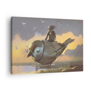 Canvas picture - Rider on a giant bird in a surreal landscape - 70x50cm - Stop on a Fantastic Journey - Modern wall decoration for the living room and bedroom ARTTOR