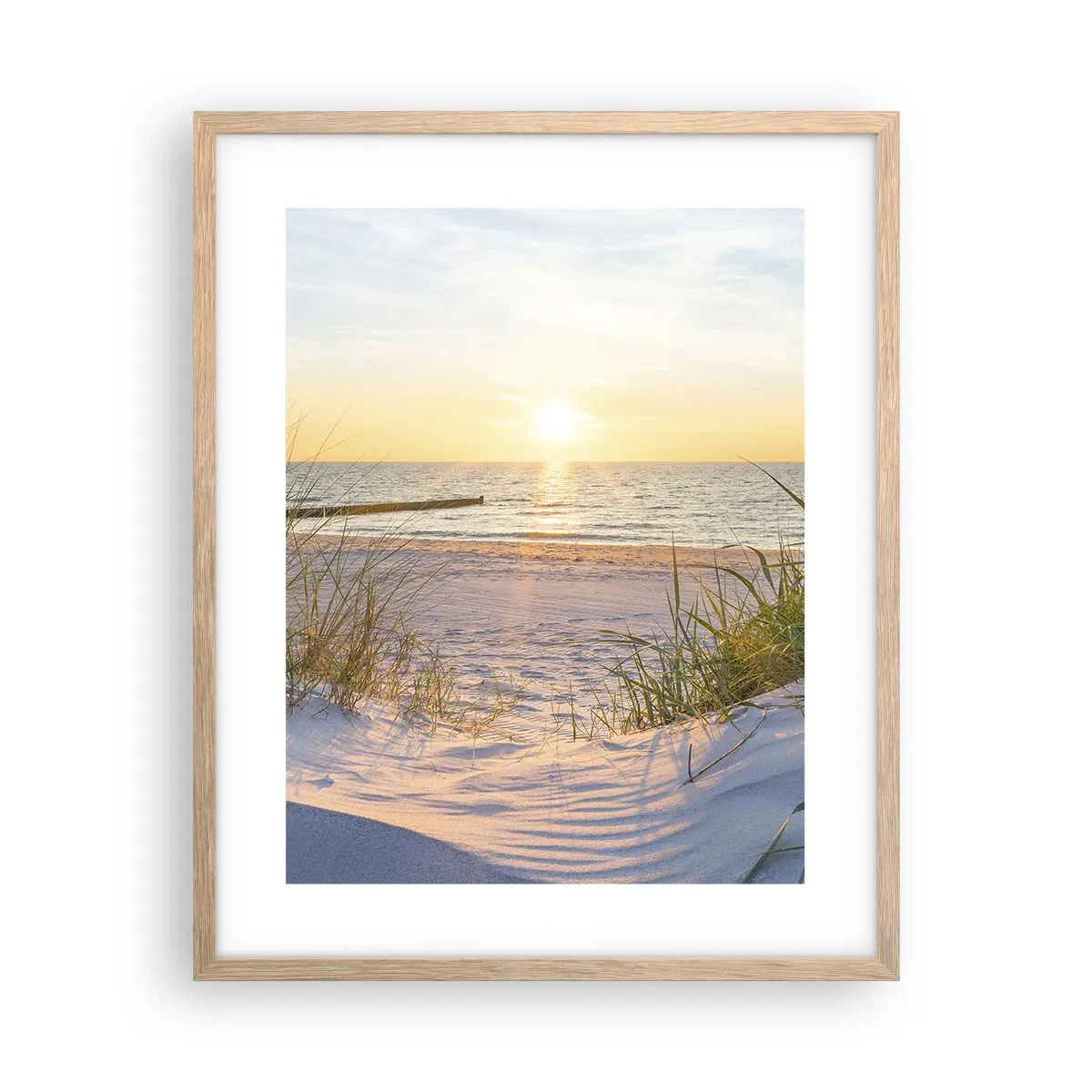 Poster in light oak frame - Sound of the Sea, Singing of the Birds, Wild Beach among Grass - 40x50 cm