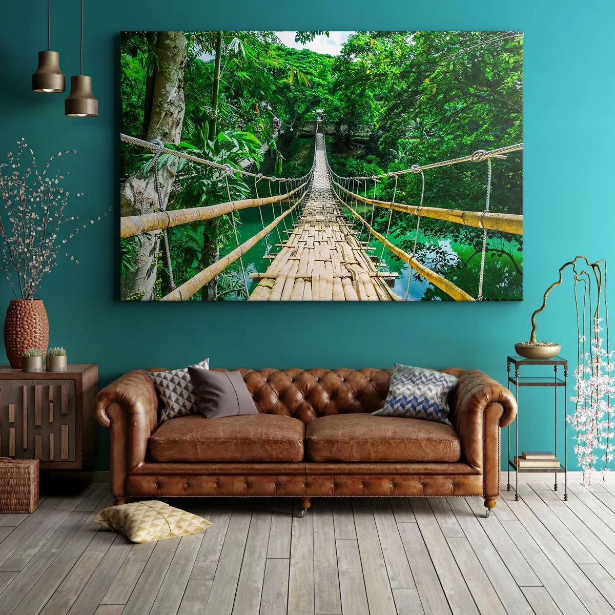 Canvas picture - A hanging bamboo bridge surrounded by greenery - 70x50cm - Small Bridge over the Green - Modern wall decoration for the living room and bedroom ARTTOR