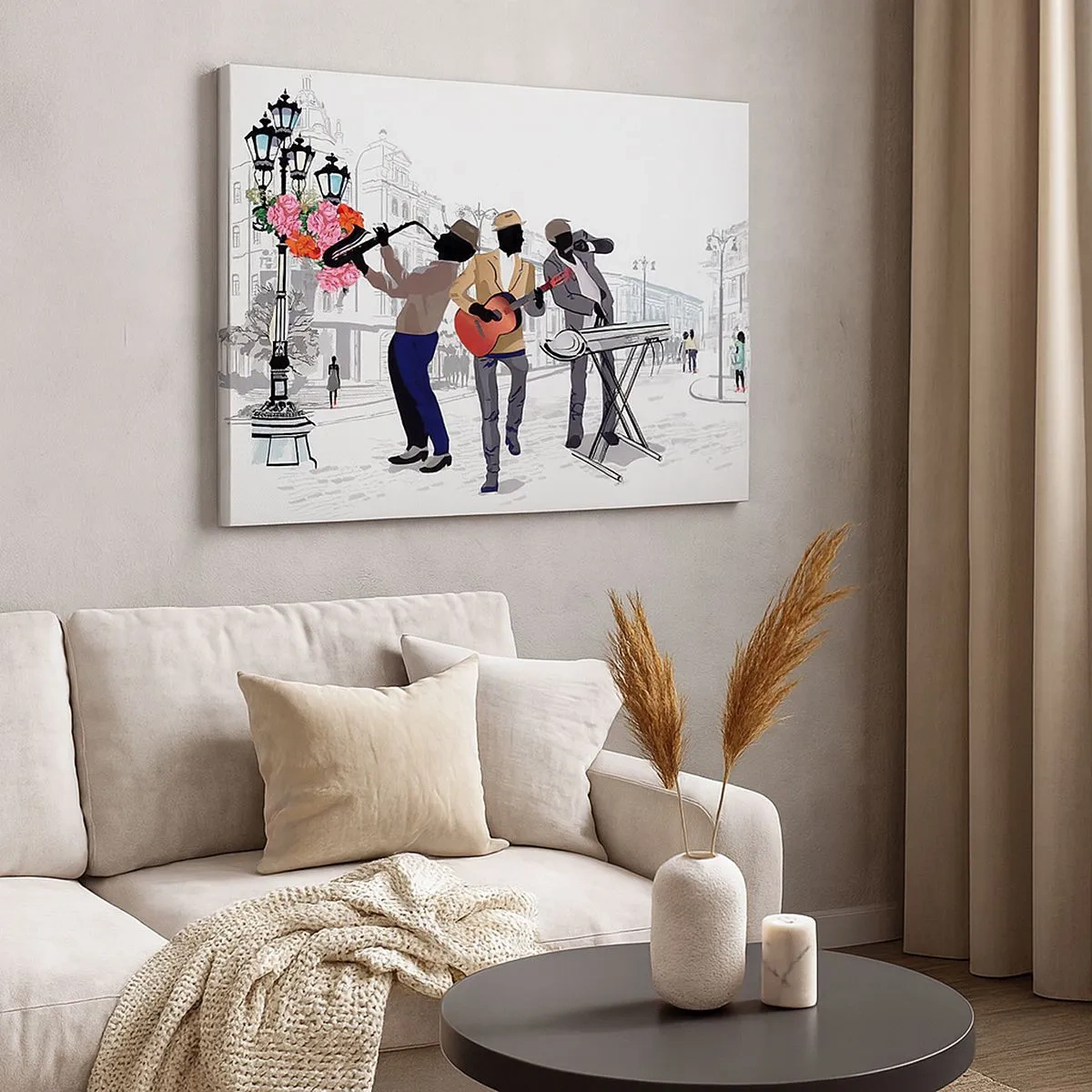 Canvas picture - Street musicians playing against the backdrop of an urban landscape - 70x50cm - Street Music - Modern wall decoration for the living room and bedroom ARTTOR