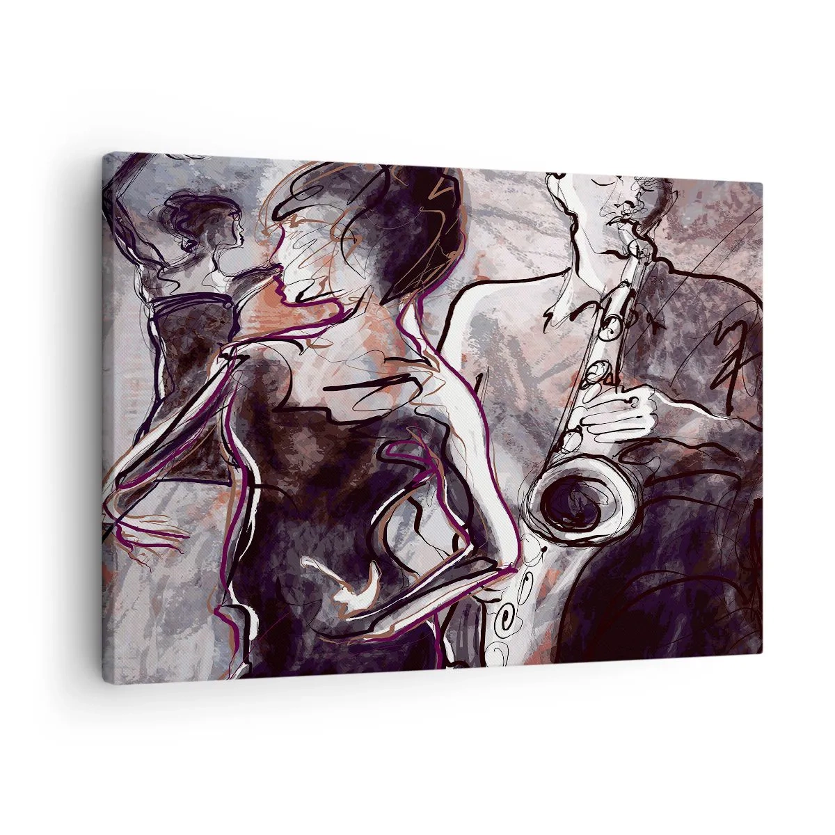 Canvas picture - Abstract jazz scene with a saxophonist and a dancing woman. - 70x50cm - Melt away in Music - Modern wall decoration for the living room and bedroom ARTTOR