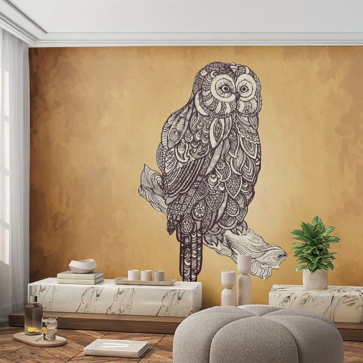 Photo Wallpaper Premium Sand - Mysterious Ornaments of Wisdom - Owl, Bird, Animal - 300x210 cm