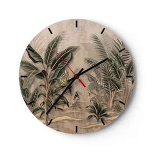 Wall clock - Clock on glass - Tropical vegetation in the style of an engraving on a beige background - 30x30cm - Engraving in Colonial Style - Modern wall decoration for the living room, kitchen, and bedroom ARTTOR