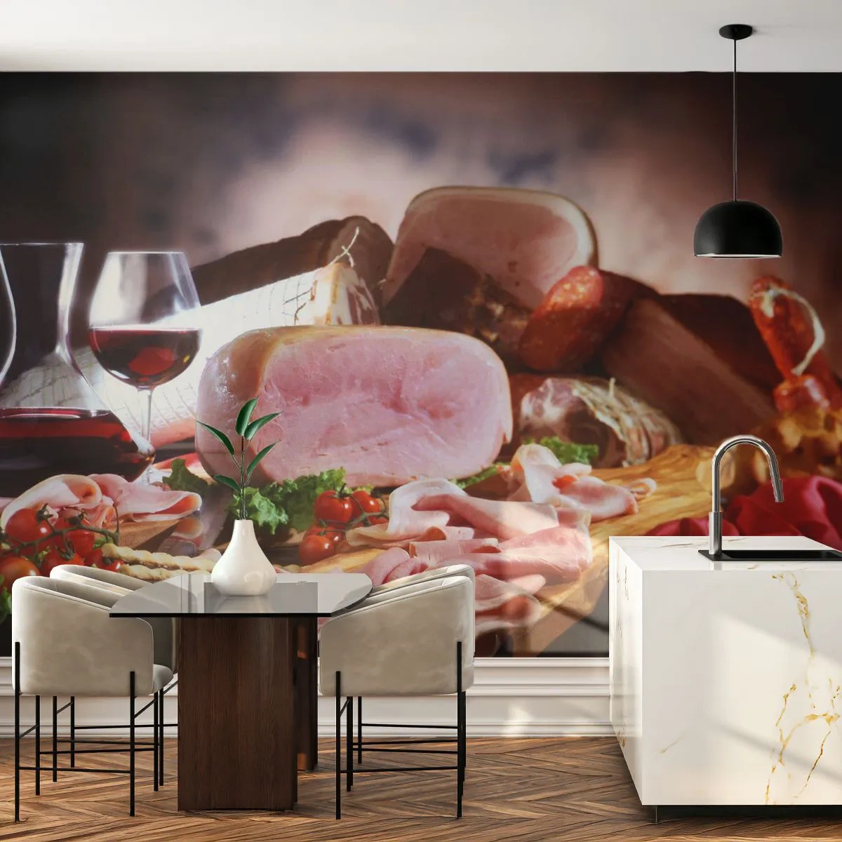 Photo Wallpaper Premium Canvas - Culinary Dream with a Decanter - Gastronomy, Meats, Tomatoes - 500x350 cm