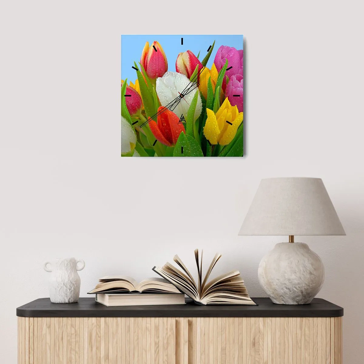 Wall clock - Clock on glass - Floral Rainbow in Dew Drops - 40x40 cm