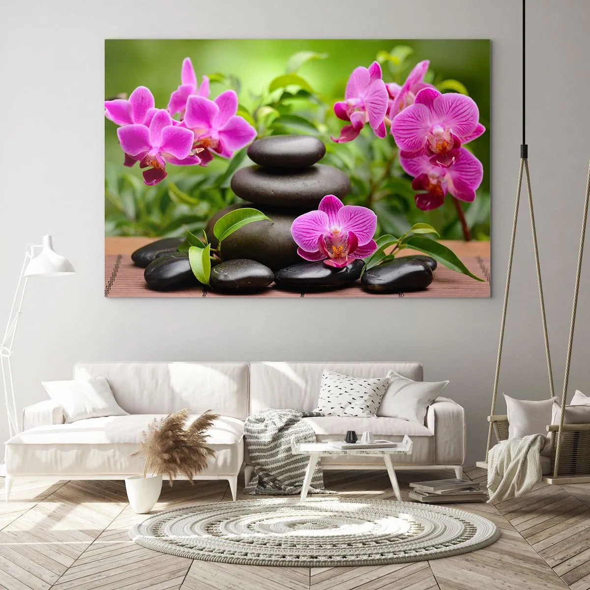 Glass picture - Pink orchids and black stones in a tranquil setting - 70x50cm - Pyramid of Peace - Modern wall decoration for the living room and bedroom ARTTOR