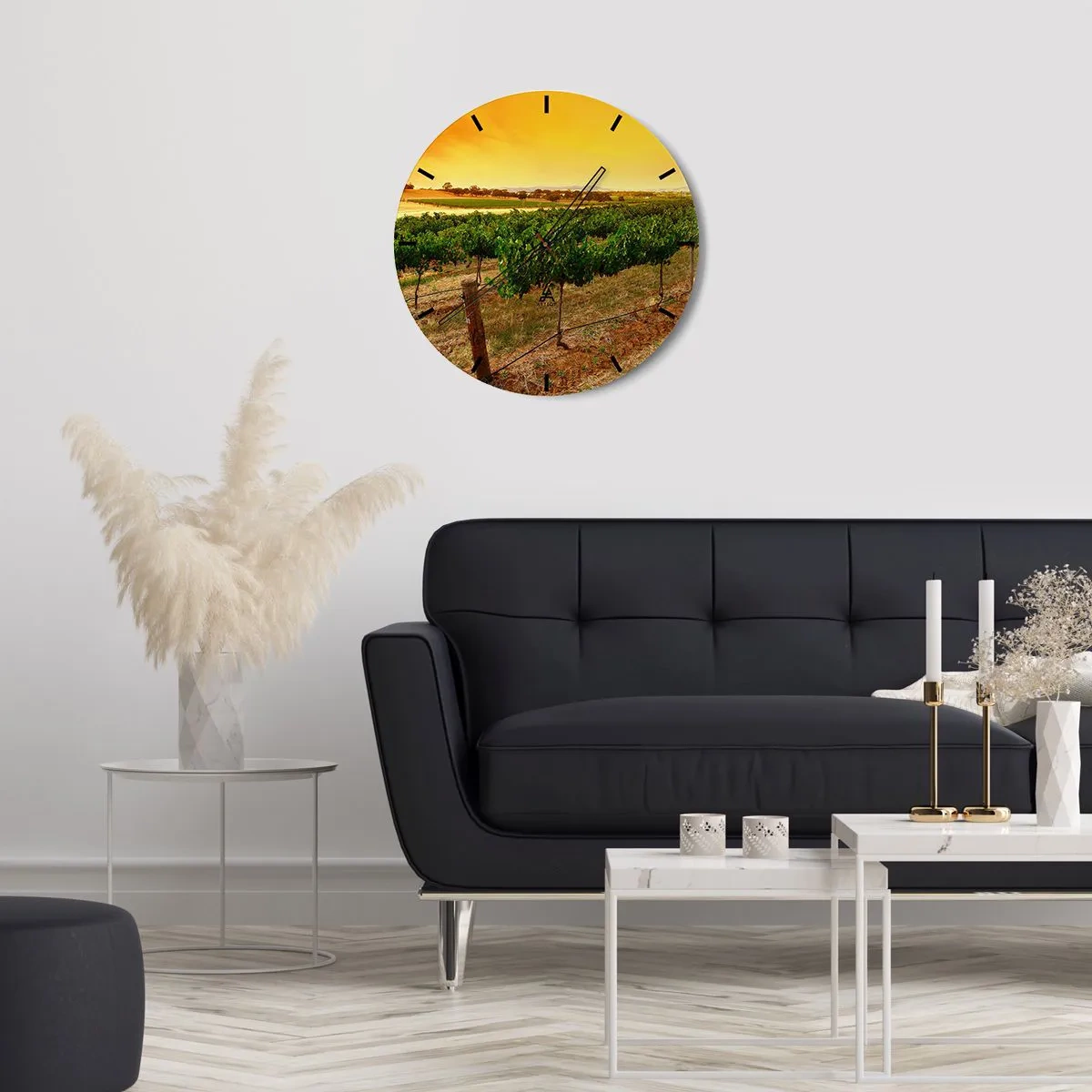 Wall clock - Clock on glass - Vineyard landscape at sunset - 30x30cm - Drink up the Sun - Modern wall decoration for the living room, kitchen, and bedroom ARTTOR