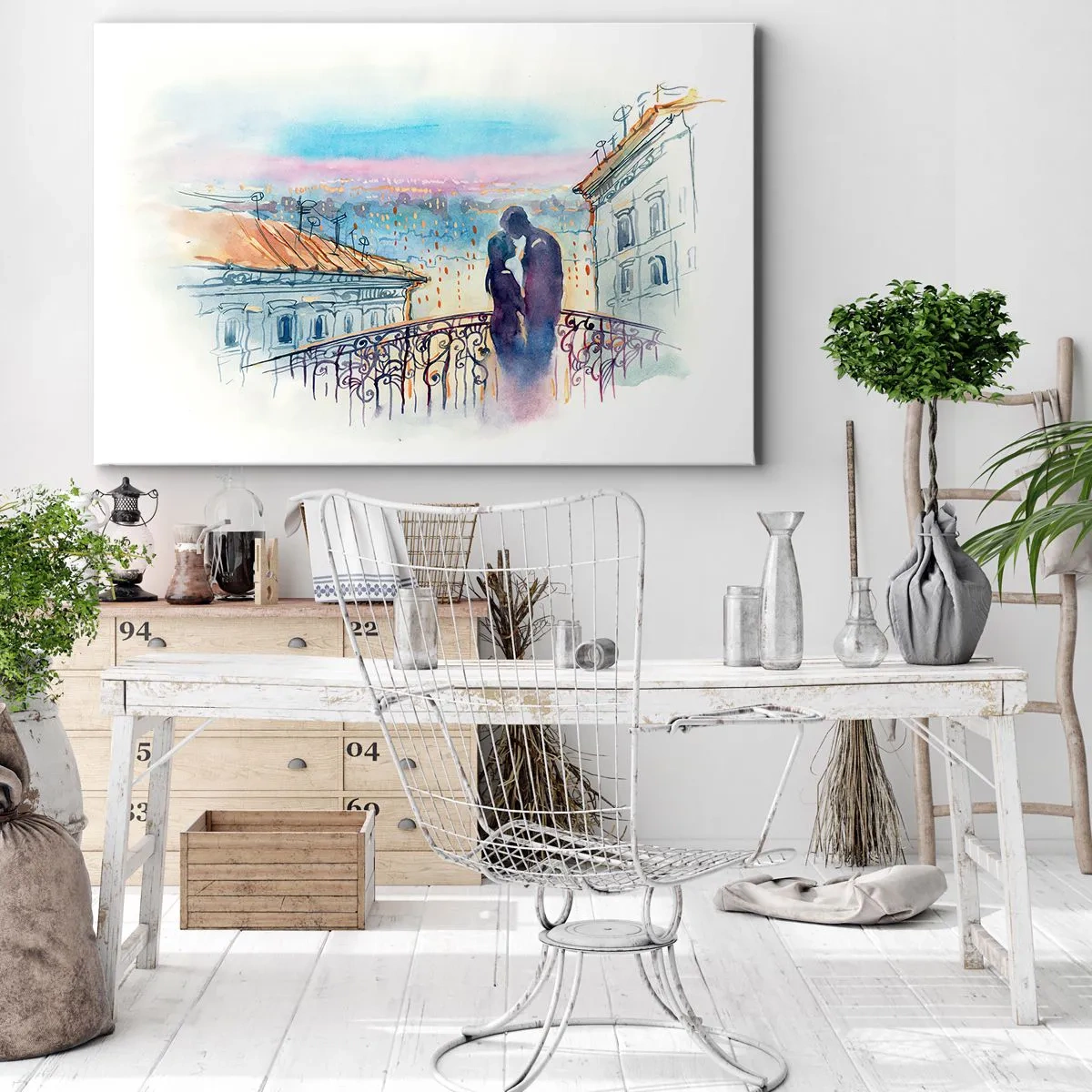 Canvas picture - Romantic couple on a balcony overlooking the city - 70x50cm - Parisian Lovers - Modern wall decoration for the living room and bedroom ARTTOR