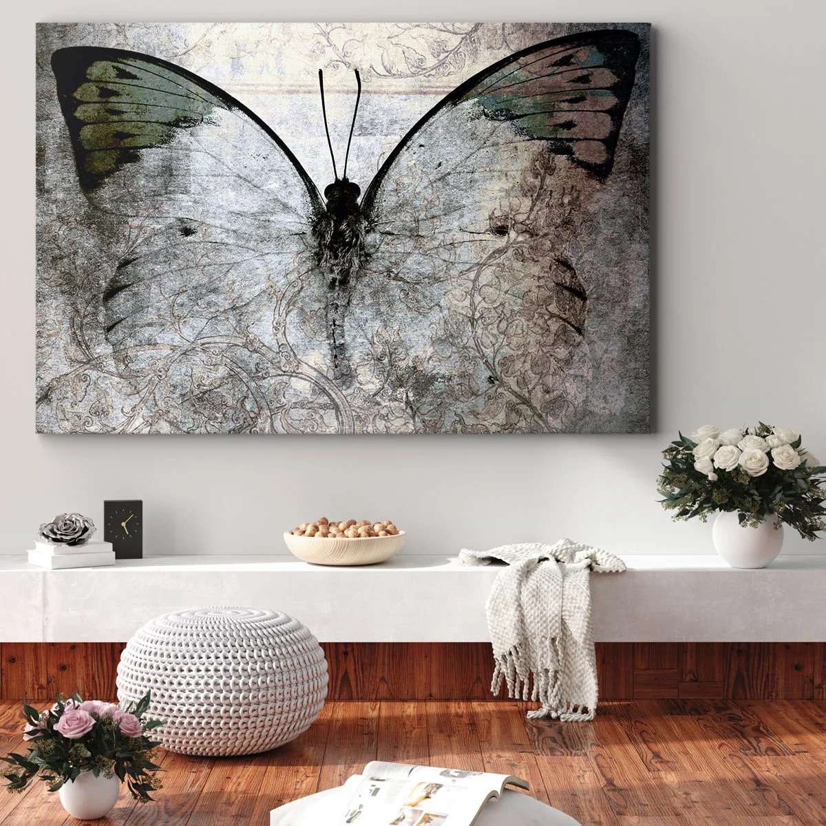 Canvas picture - A butterfly in shades of green and gray on a decorative background - 70x50cm - Secessionist Style - Modern wall decoration for the living room and bedroom ARTTOR
