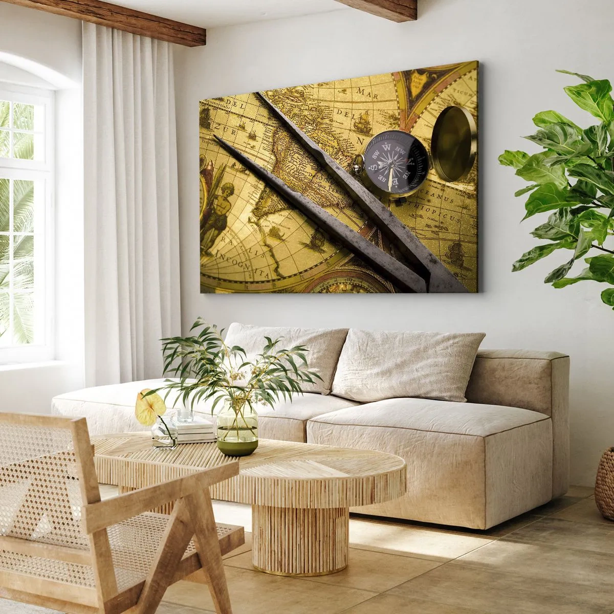 Canvas picture - An antique world map with a compass and a pair of compasses on the background - 70x50cm - With a Compass through the Seas - Modern wall decoration for the living room and bedroom ARTTOR