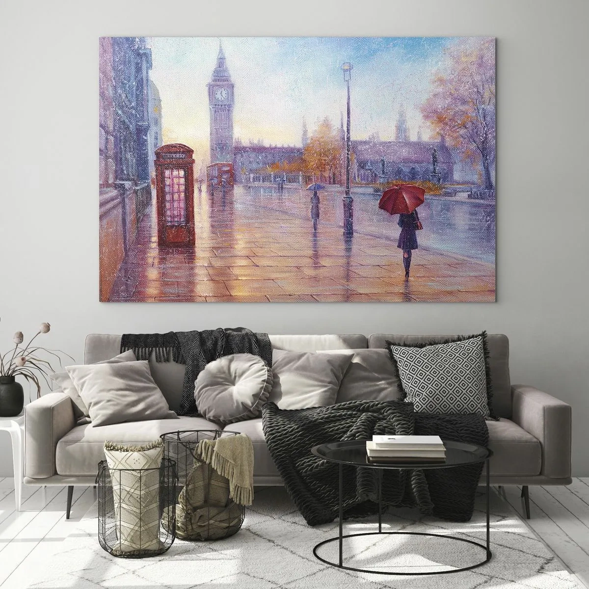 Glass picture - London scene in the rain with Big Ben and the red box - 70x50cm - London Autumn Day - Modern wall decoration for the living room and bedroom ARTTOR
