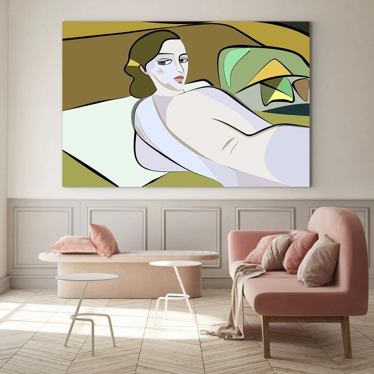 Glass picture - Female silhouette in an abstract style with a geometric background - 70x50cm - Intimate Portrait - Modern wall decoration for the living room and bedroom ARTTOR