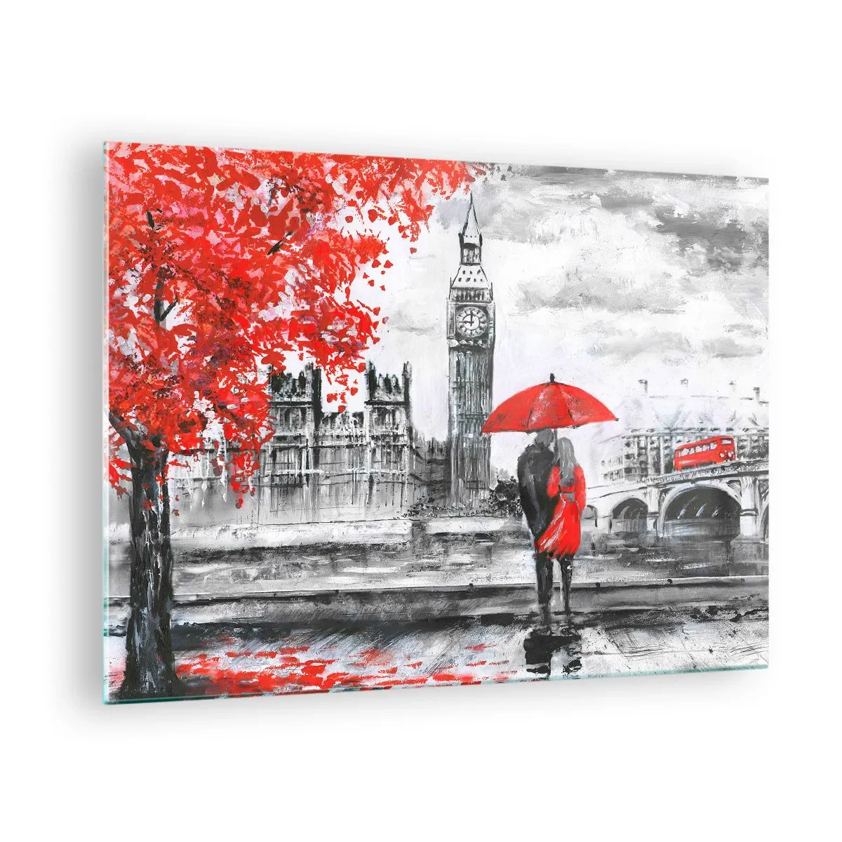 Glass picture - A couple under a red umbrella with Big Ben and autumn trees in the background. - 70x50cm - In Love with London - Modern wall decoration for the living room and bedroom ARTTOR