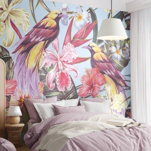 Photo Wallpaper Premium Sand - Flakes and Feathers - Bird, Flowers, Garden - 450x315 cm