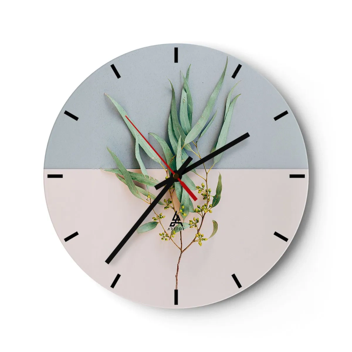 Wall clock - Clock on glass - A green branch against a background of blue and beige pastels - 30x30cm - Pastel Subtlety - Modern wall decoration for the living room, kitchen, and bedroom ARTTOR