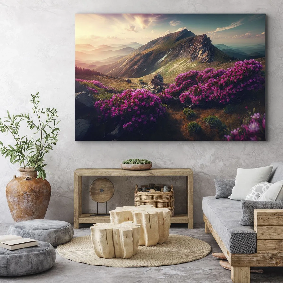 Canvas picture - Mountain landscape with blooming rhododendrons - 70x50cm - Summer in the Mountains - Modern wall decoration for the living room and bedroom ARTTOR