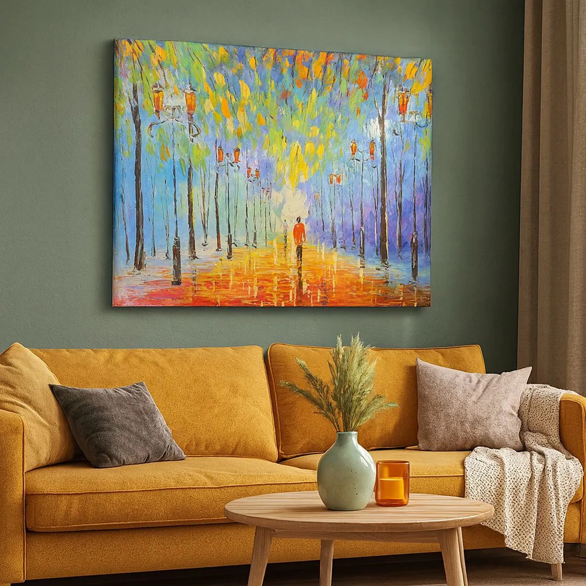 Canvas picture - A picturesque walk among the lanterns on a rainy night - 70x50cm - Night Rain Song  - Modern wall decoration for the living room and bedroom ARTTOR