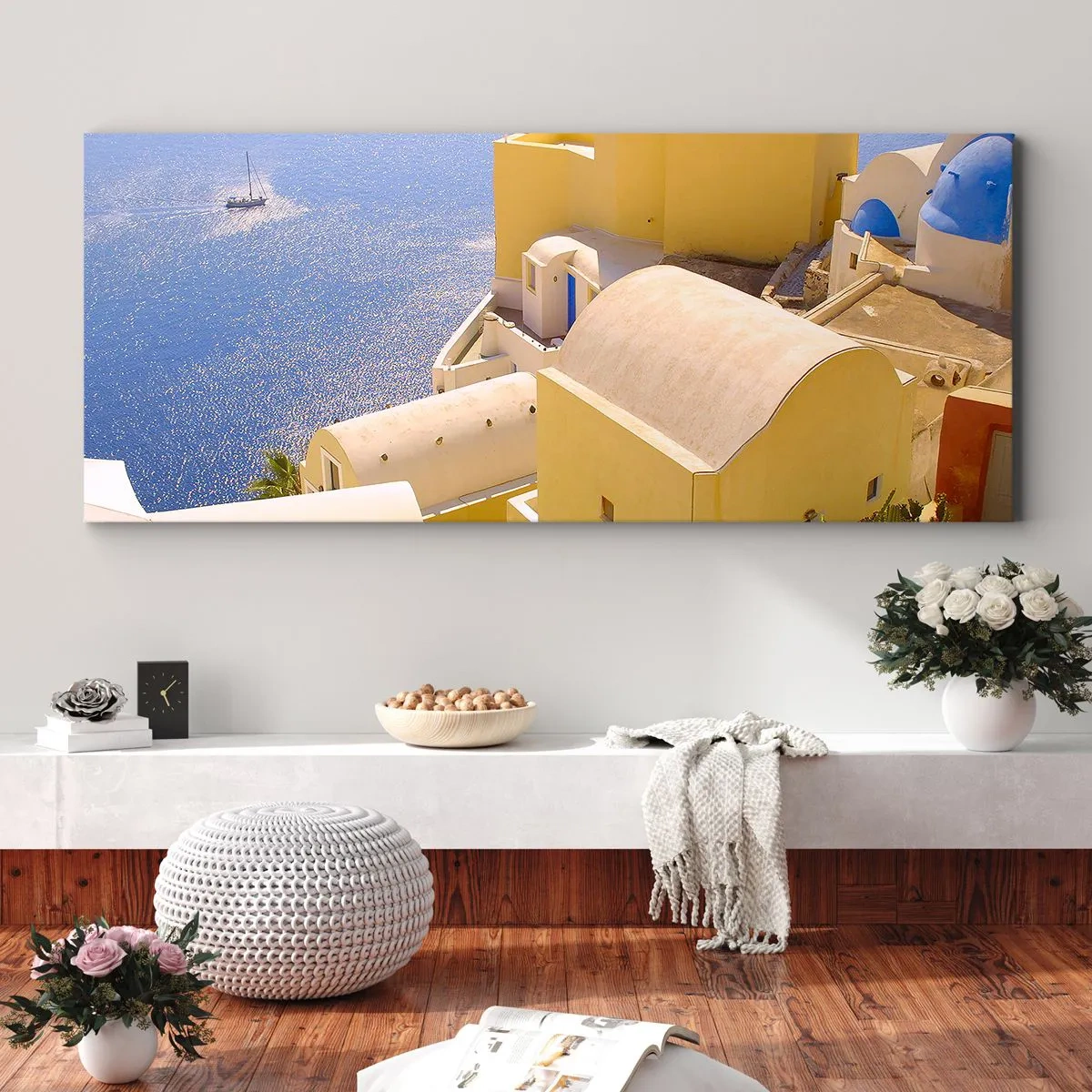 Canvas picture - Greek Landscape in White and Blue - 140x50 cm