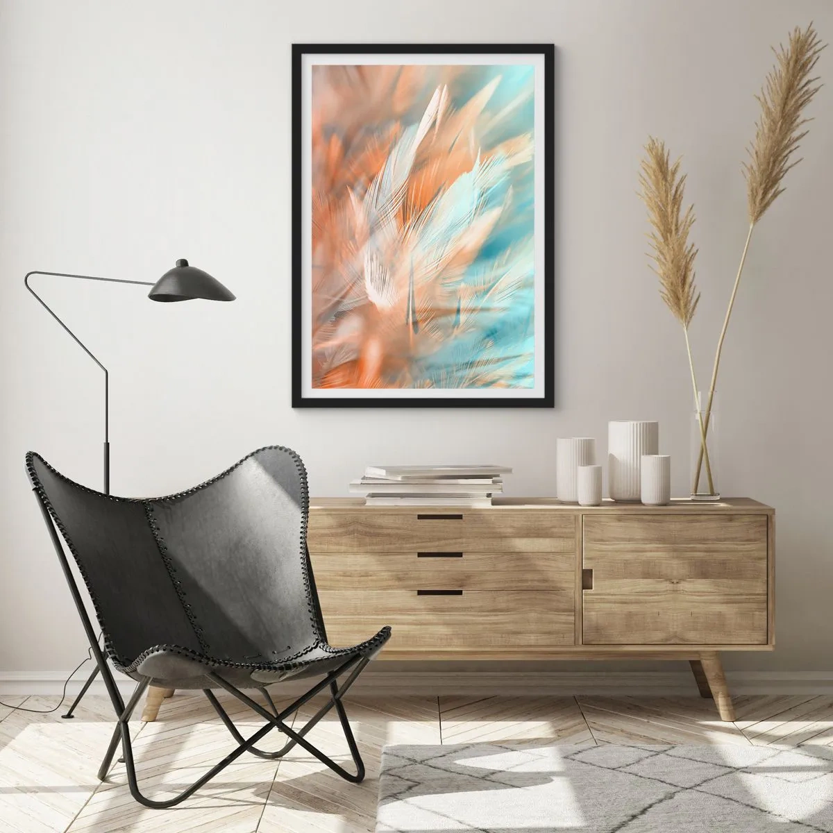 Poster in black frame - Delicate feathers in shades of blue and peach - 50x70cm - In the Land of Gentleness - Modern wall decoration for the living room and bedroom ARTTOR
