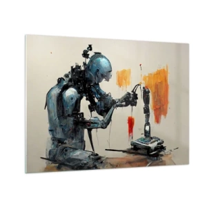 Glass picture - A robot painting a mechanical hand on an abstract background. - 70x50cm - This Is Tomorrow - Modern wall decoration for the living room and bedroom ARTTOR