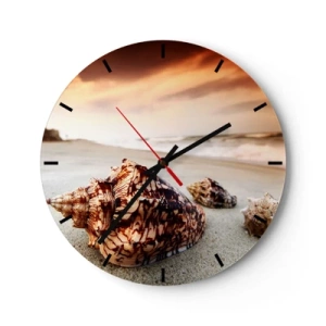 Wall clock - Clock on glass - Shells on the beach in the rays of the setting sun - 30x30cm - Expelled by Waves - Modern wall decoration for the living room, kitchen, and bedroom ARTTOR