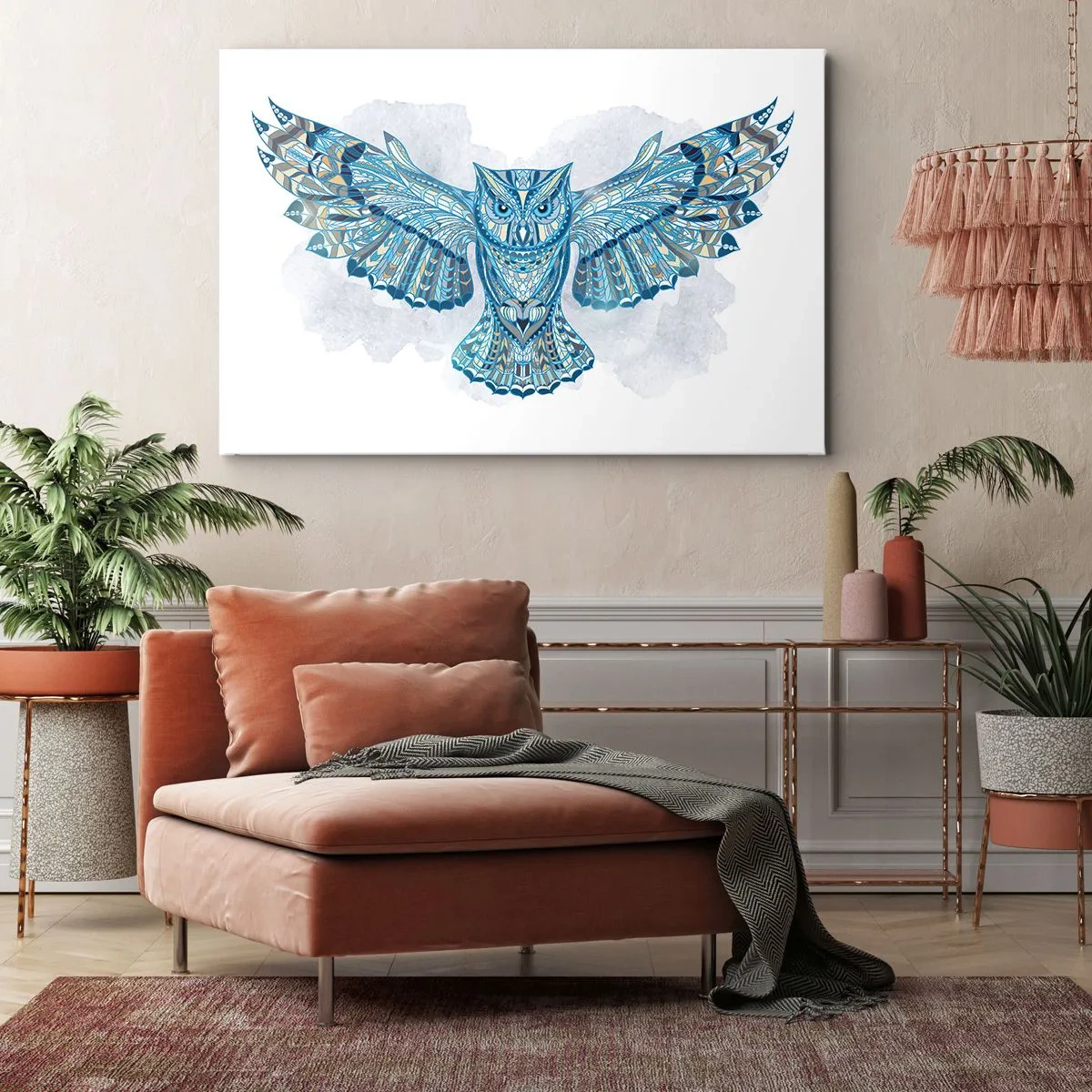 Canvas picture - Decorative owl in shades of blue - 70x50cm - From a Celtic Sacred Grove - Modern wall decoration for the living room and bedroom ARTTOR