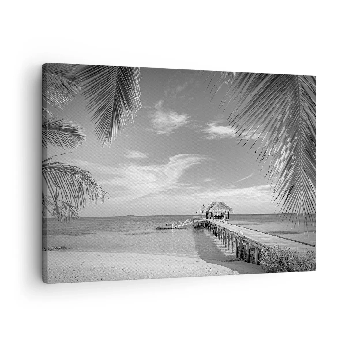 Canvas picture - Black and white beach with pier and palm trees on a tropical coast - 70x50cm - Memory or a Dream? - Modern wall decoration for the living room and bedroom ARTTOR