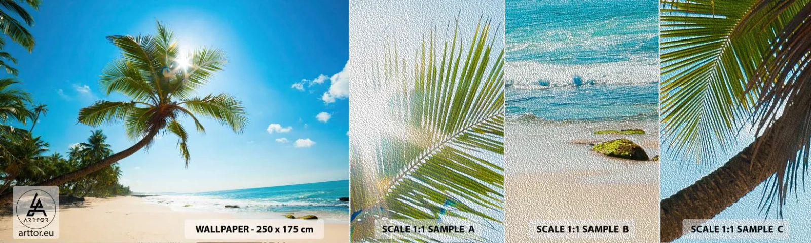 Photo Wallpaper Sample Premium Sand - Do Not Show to Anyone - Landscape, Beach, Coconut Palm - 100x30 cm