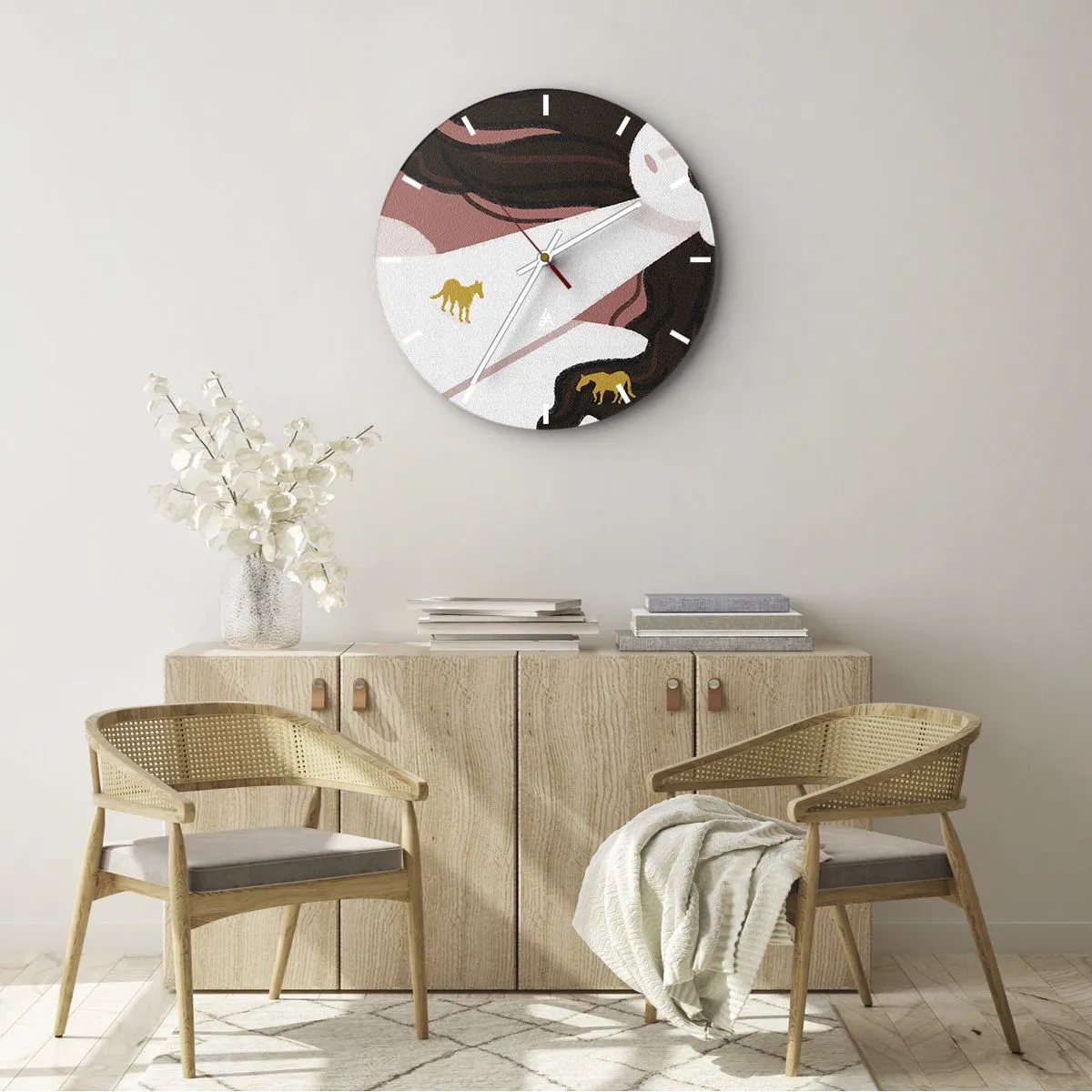 Wall clock - Clock on glass - Dreaming woman with long hair and golden horses in illustrative style - 30x30cm - Dream of a Golden Horse - Modern wall decoration for the living room, kitchen, and bedroom ARTTOR