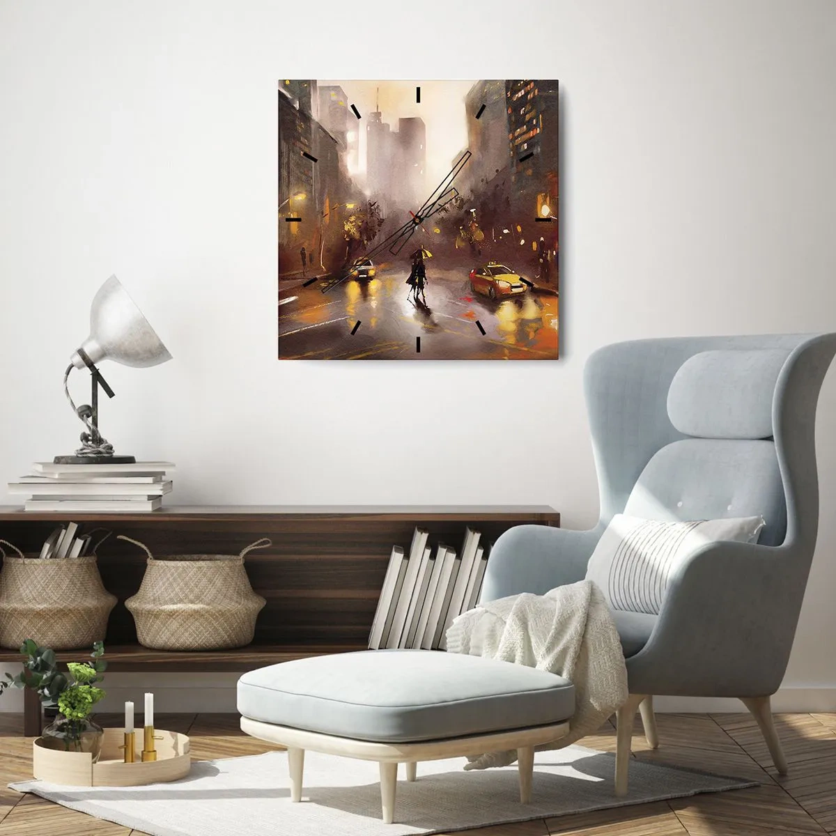 Wall clock - Clock on glass - In New York Lights - 30x30 cm