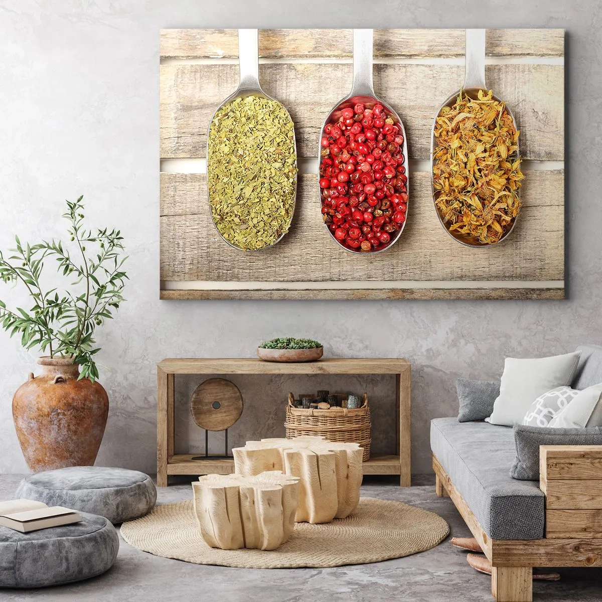 Canvas picture - Three metal spoons with spices on a wooden background - 70x50cm - Kitchen Magic - Modern wall decoration for the living room and bedroom ARTTOR