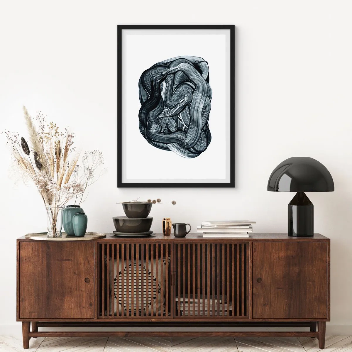 Poster in black frame - Abstract composition of black and white brush strokes - 50x70cm - It's Not So simple - Modern wall decoration for the living room and bedroom ARTTOR