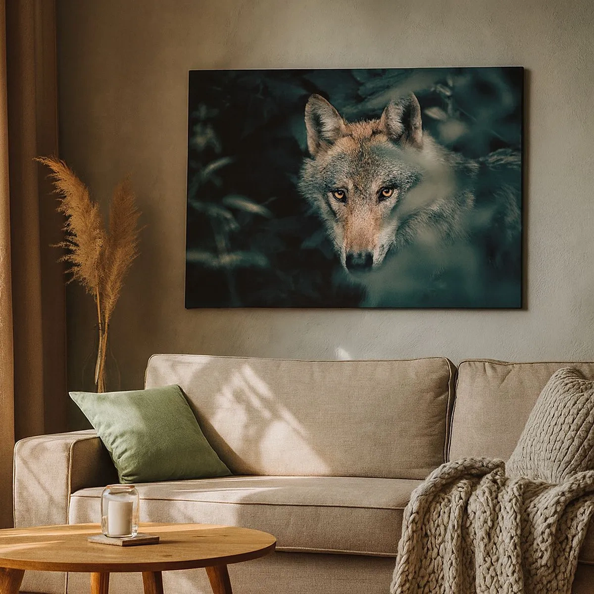 Canvas picture - A wolf in its natural setting, looking out from the depths of the forest. - 70x50cm - Hunter - Modern wall decoration for the living room and bedroom ARTTOR