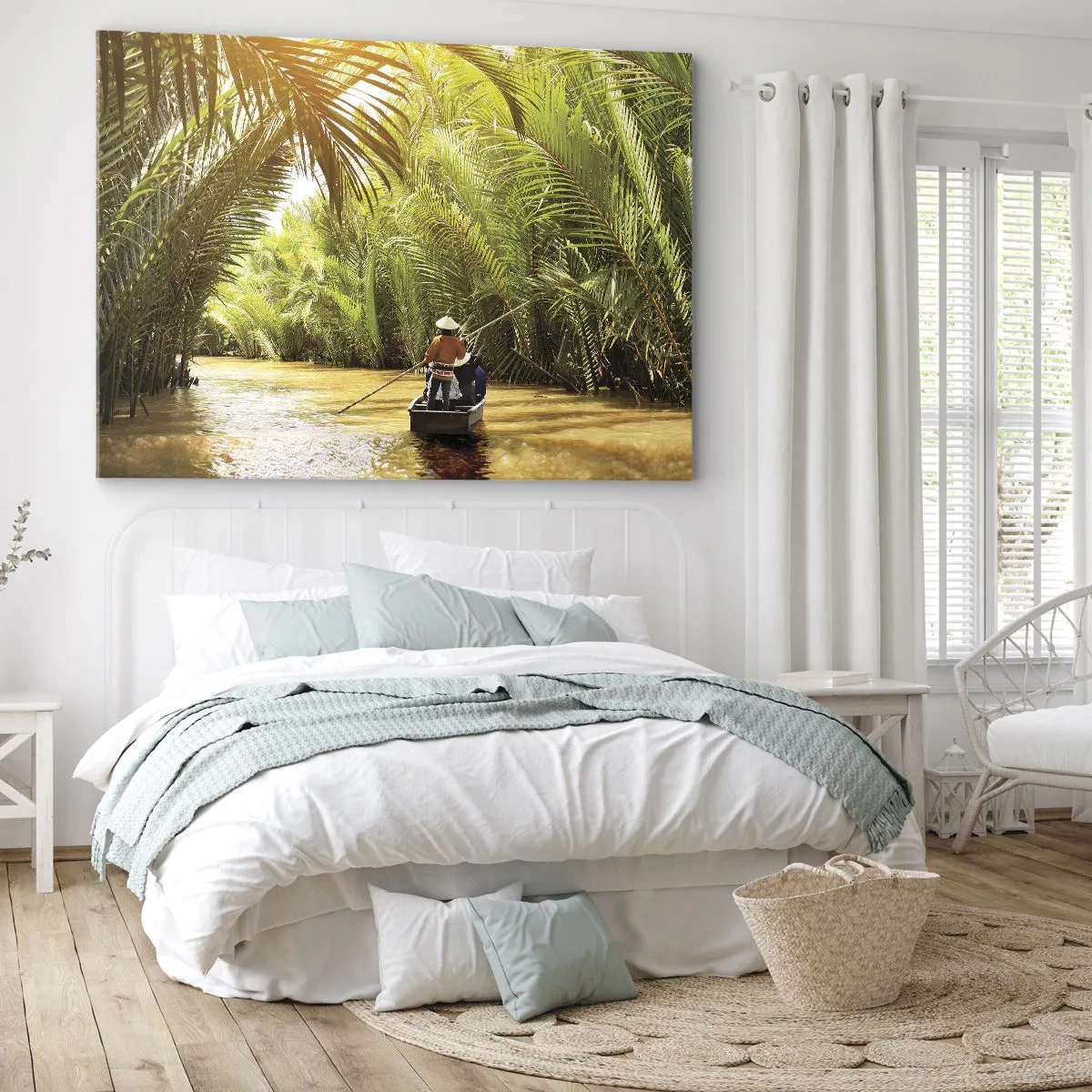 Canvas picture - A boat on a river surrounded by tropical vegetation - 70x50cm - Through a Palm Ravine - Modern wall decoration for the living room and bedroom ARTTOR