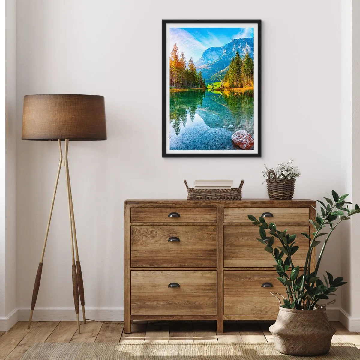 Poster in black frame - A lake in the mountains surrounded by trees and the reflection of the mountains in the water - 50x70cm - Mellow Autumn - Modern wall decoration for the living room and bedroom ARTTOR