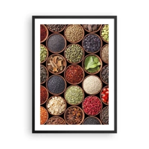 Poster in black frame - Colorful spices in small wooden bowls - 50x70cm - All Flavours of the World - Modern wall decoration for the living room and bedroom ARTTOR