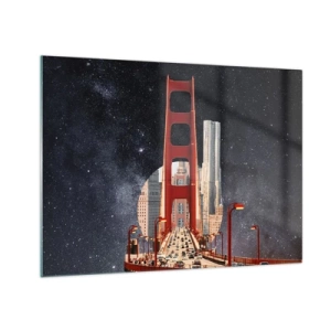 Glass picture - Bridge and skyscrapers in a surreal galaxy background - 70x50cm - Always in the Centre - Modern wall decoration for the living room and bedroom ARTTOR