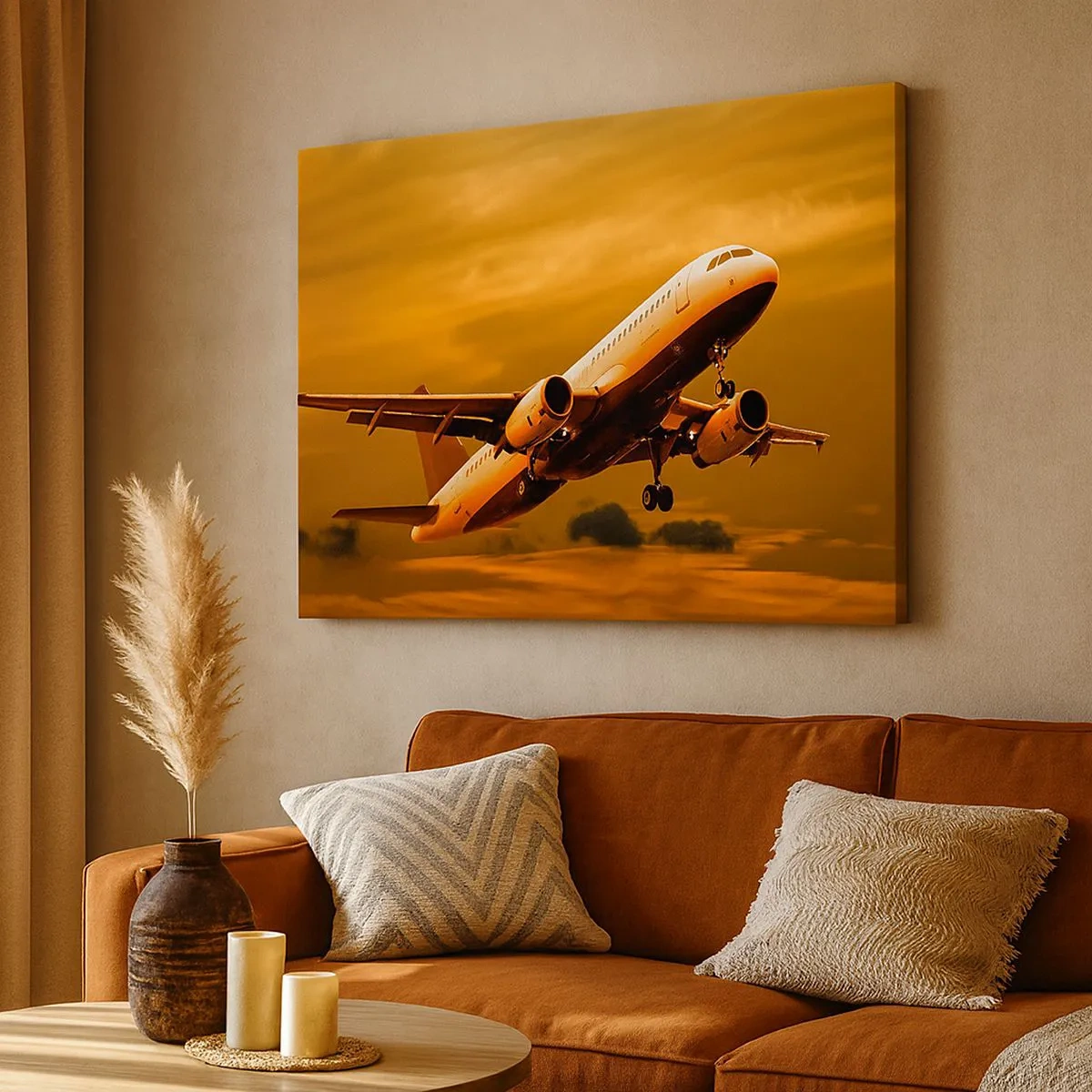 Canvas picture - A passenger plane taking off against a golden sunset sky. - 70x50cm - Flight towards the Sun - Modern wall decoration for the living room and bedroom ARTTOR