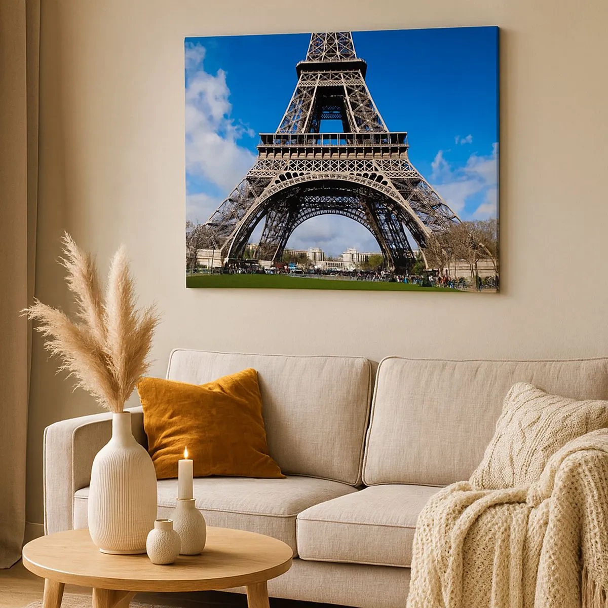 Canvas picture - The Eiffel Tower against the background of a blue sky and a green park - 70x50cm - Whole Paris at Her Feet - Modern wall decoration for the living room and bedroom ARTTOR