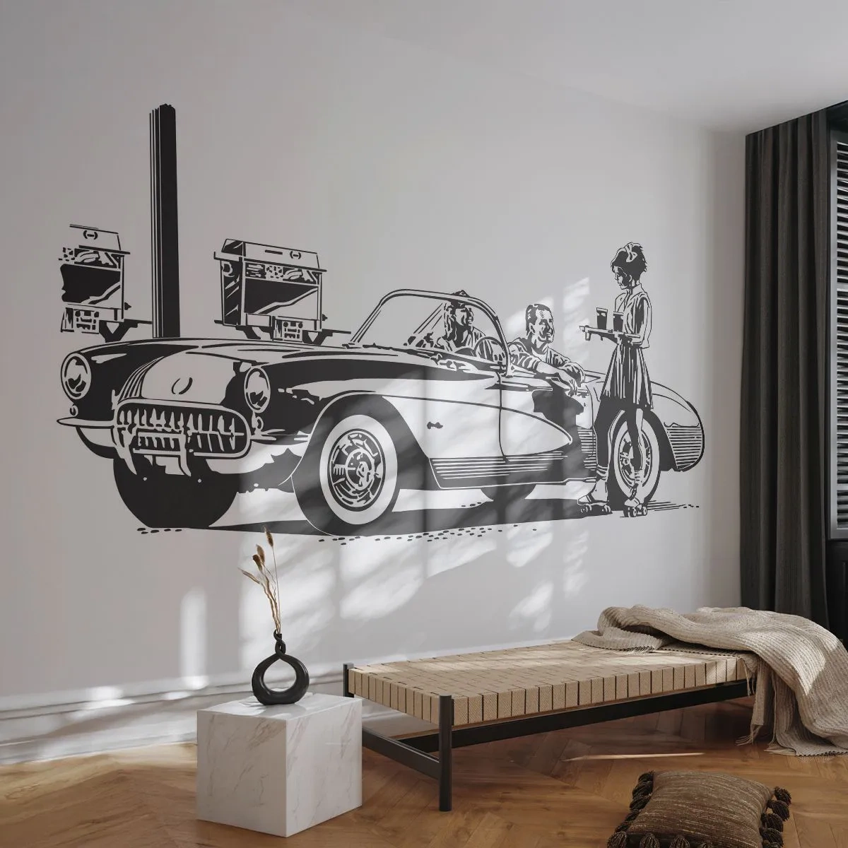 Photo Wallpaper Standard Eco - Retro illustration with a classic car and a roller-skating waitress - 100x70cm - Careless America in the 60-ies - Modern wall decoration for the living room and bedroom ARTTOR